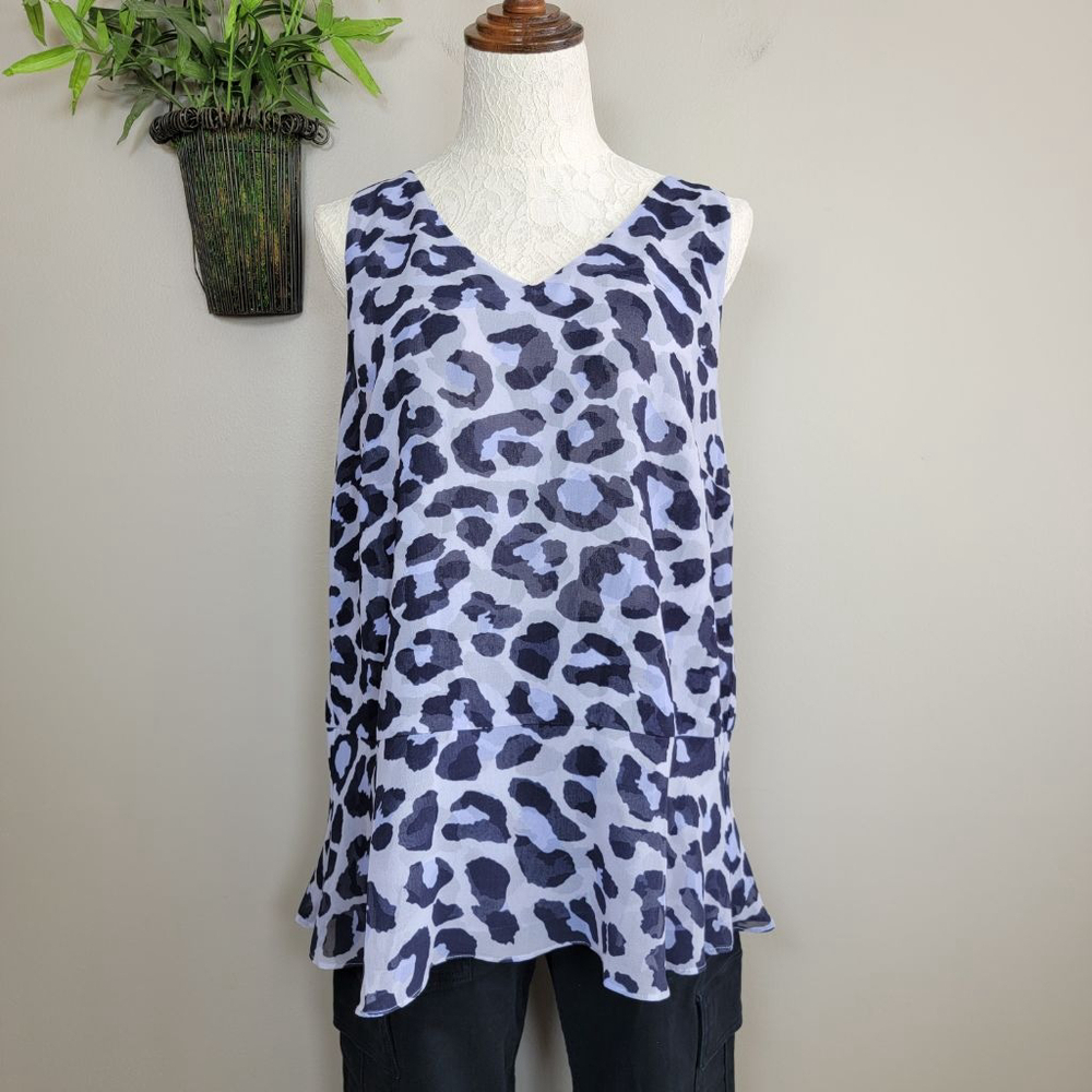 Cabi #5536 Feline Flounce Peplum Blouse Animal V Neck Split Back Purple Top XL